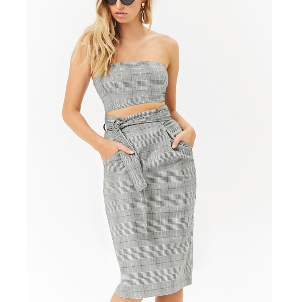 NWT Forever 21 Belted Pockets Plaid Midi Skirt